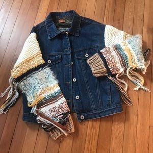 Knit sleeve oversized denim jacket